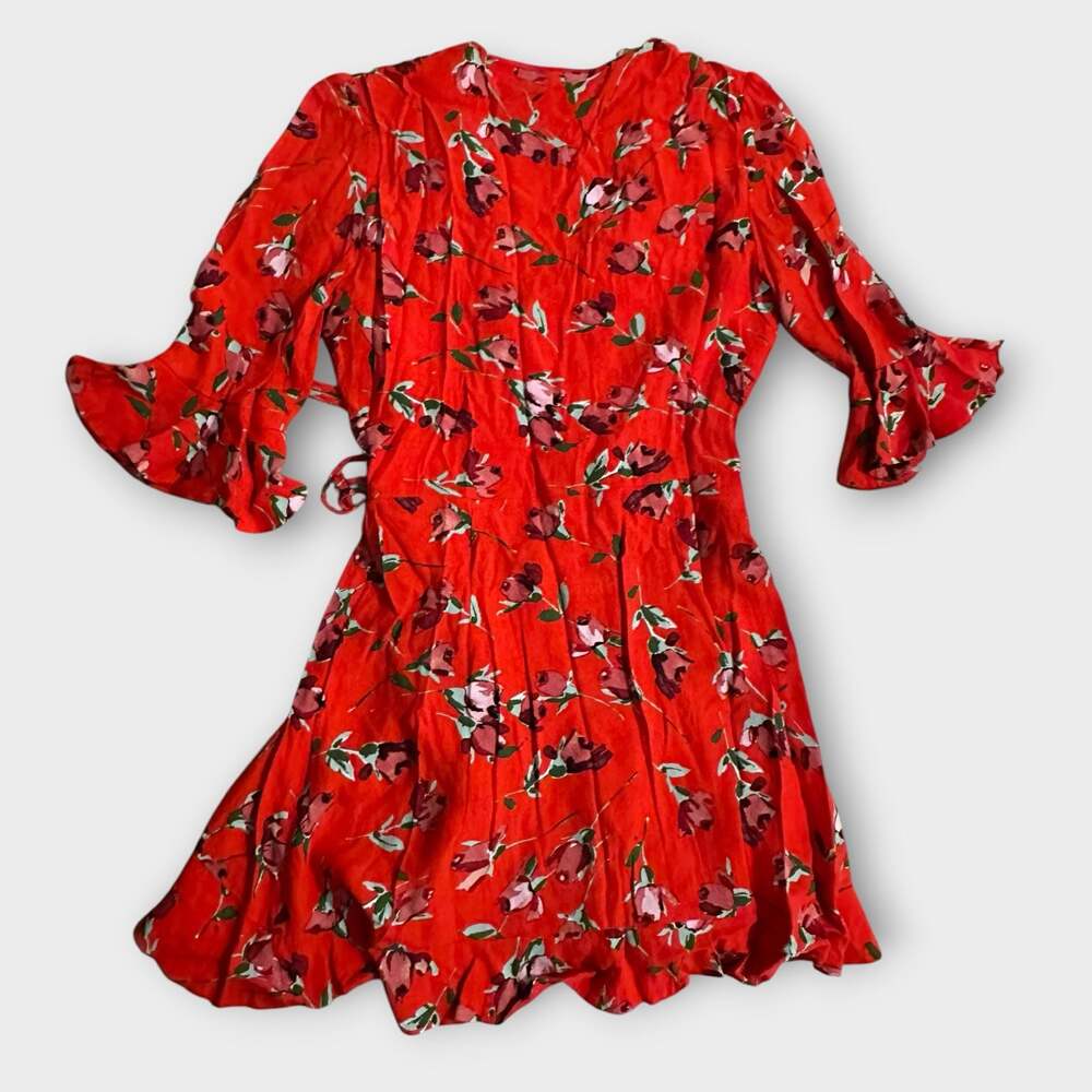 Zara Trafaluc Red Floral Wrap Front Romper XS Cottagecore Ruffle